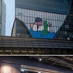 　高層ビル「渋谷スクランブルスクエア」に展示されたＦａｃｅ　Ｏｋａさんのアート作品＝３月１２日（上）、昨年の渋谷ファッションウィークのイベント会場＝渋谷ヒカリエ