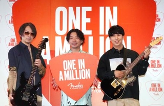 　「Ｆｅｎｄｅｒ　Ｆｌａｇｓｈｉｐ　Ｔｏｋｙｏ」のイベントに登壇した（左から）「ラルク　アン　シエル」のＫｅｎ、お笑いコンビ「ニューヨーク」の嶋佐和也と屋敷裕政＝東京都渋谷区