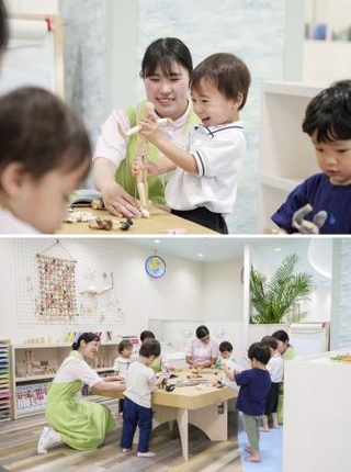 　「ポピンズナーサリースクールうみ」で保育士とおもちゃを使って遊ぶ子どもたち＝港区高輪（提供写真）