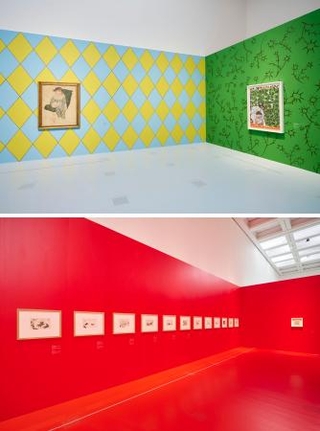 　「アルルカンに扮したパウロ」（左の絵）と同じひし形模様を壁にデザインした部屋（上）、赤い壁に並べたピカソの闘牛の絵画（撮影：小野正博〈ｆｏｒｔ〉）（提供写真）