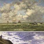 　ウジェーヌ・ブーダン「海、水先案内人」（１８８４年、上）、クロード・モネ「サン＝タドレスの断崖」（１８６７年）（提供写真）
