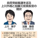　自民党総裁選を巡る上川外相と加藤元官房長官の現状（似顔　本間康司）