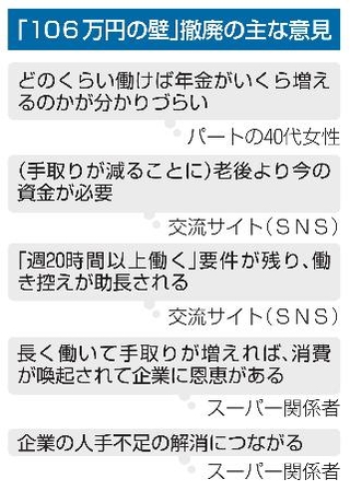 　「１０６万円の壁」撤廃の主な意見