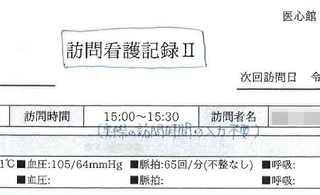 　下平さんが医心館で上司から渡された訪問看護記録のひな形。記入方法として「実際の訪問時間の入力不要」とメモ書きがされていたという（画像の一部を加工しています）