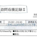 　下平さんが医心館で上司から渡された訪問看護記録のひな形。記入方法として「実際の訪問時間の入力不要」とメモ書きがされていたという（画像の一部を加工しています）