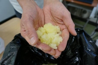 　し尿に見立てた色水を凝固剤でかけたもの＝２０２４年１１月、東京都大田区