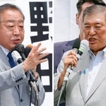 　街頭演説する自民党総裁の石破首相（右）と立憲民主党の野田代表＝４日
