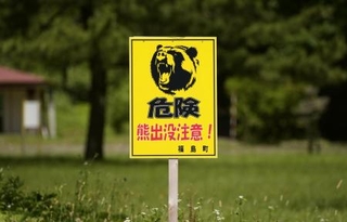 　北海道福島町の公園そばに設置された「危険　熊出没注意！」の看板＝７月１４日