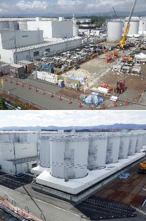 　処理水の海洋放出で空になった保管タンク１１基の解体後（上）と、解体前（東京電力提供）