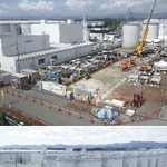 　処理水の海洋放出で空になった保管タンク１１基の解体後（上）と、解体前（東京電力提供）