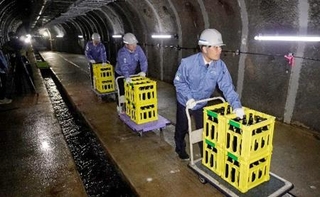 　京極発電所内のトンネルに運び込まれる日本酒＝２０２４年１０月、北海道京極町（北海道電力提供）