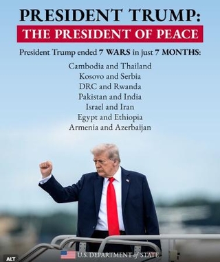 　米国務省が９月下旬、Ｘ（旧ツイッター）に投稿したトランプ米大統領の写真。「たった７カ月で七つの戦争を終わらせた」と記されている（共同）
