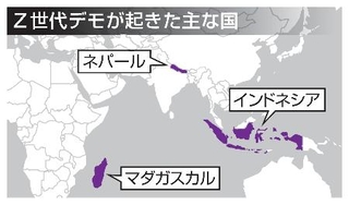 　Ｚ世代デモが起きた主な国（ネパール、インドネシア、マダガスカル）