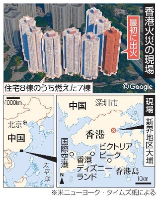 　香港火災の現場（配置画像は（Ｃ）Ｇｏｏｇｌｅ）