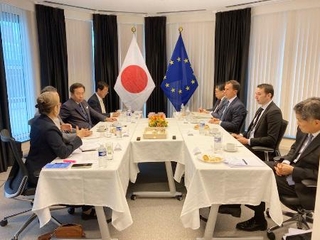 　欧州議会の議員（右から３人目）から意見聴取する枝野幸男団長（同６人目）ら衆院憲法審査会メンバー＝９月、ベルギー・ブリュッセル