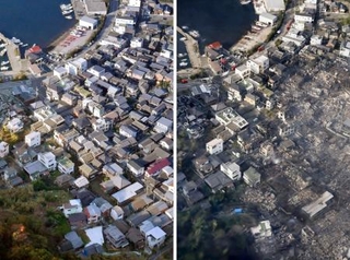 　大規模火災前の大分市佐賀関の町並み（左、２０１９年１２月）と被災後（２５年１１月１９日に撮影した写真を基にした３Ｄ画像から）