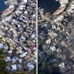 　大規模火災前の大分市佐賀関の町並み（左、２０１９年１２月）と被災後（２５年１１月１９日に撮影した写真を基にした３Ｄ画像から）