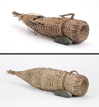 　岩手県陸前高田市が修復を依頼した漁具「ハムドウ」。上は修復前（元興寺文化財研究所提供）