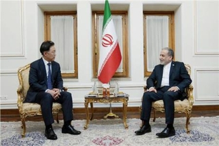 　イランでアラグチ外相（右）と会談する韓国の鄭ビョン河氏＝４月２２日（イラン外務省提供・聯合＝共同）
