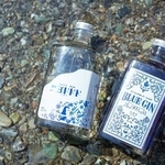 仁淀川蒸溜所が製造しているジン「ニヨドドド」と「ＢＬＵＥ　ＧＩＮ　ＩＭＵＡ」＝３月（松本大樹氏撮影）