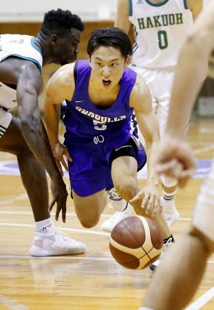 オータムカップ準決勝の白☆（匡の王が品、右に鳥）大戦で攻め込む東海大の河村勇輝＝２０２０年１０月、足立区総合スポーツセンター