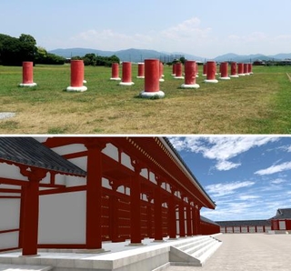 　現在の奈良県橿原市の藤原宮跡（上）と、当時の藤原宮のＶＲ映像（橿原市提供）
