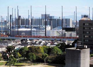 一戸建て住宅の向こうに見える阪神タイガース２軍球場。防球ネットを張る塔に囲まれている＝尼崎市
