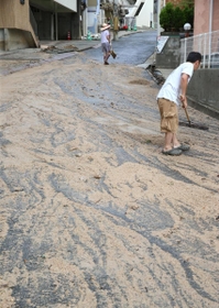 あふれた泥を掃除する住民ら＝２９日午前、神戸市灘区篠原台（撮影・辰巳直之）