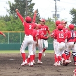優勝を決めて喜ぶ武庫之荘野球の選手たち＝甲子園浜野球場