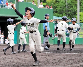 ６回の大量得点で歓声を上げる氷上ドリームスの選手ら＝いずれもブルーベリースタジアム丹波