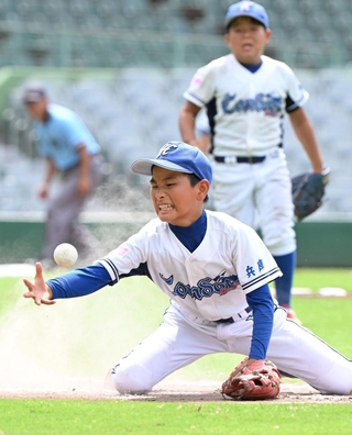 ６回、打球に飛びつく広畑の渡邉陽仁選手（撮影・斎藤雅志）
