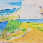 右下が今年の「空色の栞」の原画。右上の男の子の絵は２０１１年、左上の石積みと海の絵は１８年