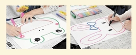 ▼新聞パクパク　【１】画用紙いっぱいにカエルやウサギなどの顔を描く。大きな口を描くのがポイント。口をはさみで切り抜く