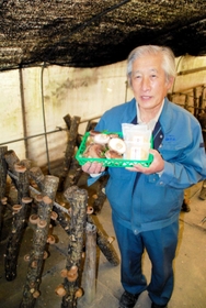 取れたての生シイタケと「椎茸アイスもなか」を持つ中西郁さん＝三田市上相野