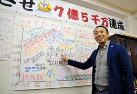 社員とともにまとめた経営方針を指さす桑田賢社長。「全員経営」で業績を伸ばす＝西宮市甲風園１