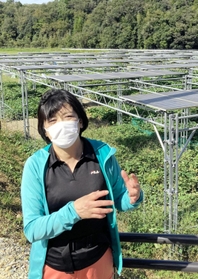 サツマイモ畑の上に太陽光発電。コープでんきに供給する「宝塚すみれ発電」の発電所と井上保子代表取締役＝宝塚市大原野