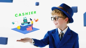 青い帽子、青いスーツ姿で金髪の少年が「見分ける技術」をＰＲする。彼の名は「Ｍｒ．グローリー」（グローリー提供）