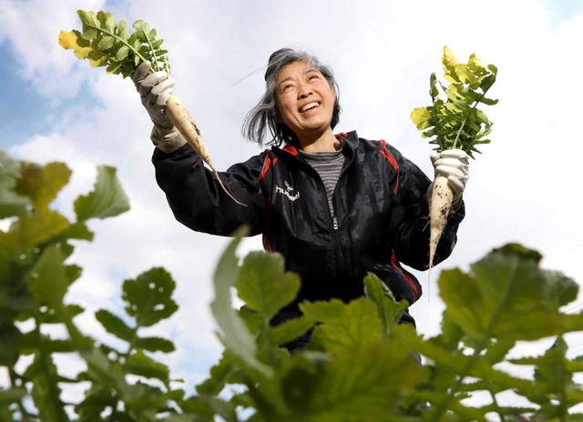 少量多品目の野菜を育てる「元農園（チアファーム）」の浅川元子さん＝神戸市西区平野町西戸田（撮影・吉田敦史）