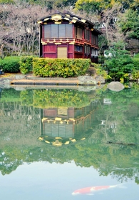 緑に囲まれ、池の水面に浮かぶようにたたずむ船屋形＝神戸市中央区中山手通５、相楽園