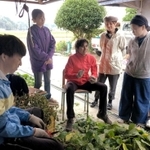 特産品の黒枝豆やヤマノイモの農作業を手伝う留学生ら＝篠山市岡野地区