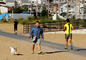 朝日を浴びて、散歩やジョギングをする人たち＝神戸市須磨区、須磨海岸