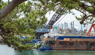 人工の砂浜をもつ高砂海浜公園は、造成されてから約４０年が経過した。公園からは松林越しに対岸で稼働する工場の様子が見える＝高砂市高砂町向島町から（撮影・三津山朋彦）