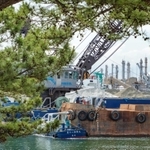 人工の砂浜をもつ高砂海浜公園は、造成されてから約４０年が経過した。公園からは松林越しに対岸で稼働する工場の様子が見える＝高砂市高砂町向島町から（撮影・三津山朋彦）