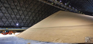 砂山を思わせる原料糖の山。巨大な倉庫は高さ３０メートルに達する＝神戸市東灘区深江浜町、三井製糖神戸工場（撮影・三津山朋彦）