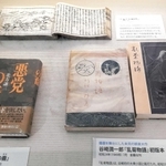 「乱菊物語」初版本（右下）など赤松家にまつわる本が並ぶ展示コーナー＝姫路市山野井町の姫路文学館