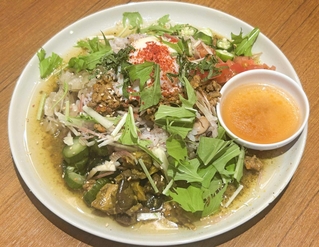 彩の「冷やし出汁（だし）カレー＆キーマカレーのいろいろ薬味と野菜の混ぜカレー・温泉たまご入り」