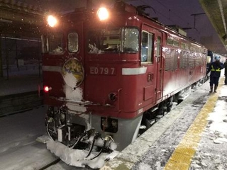 　ヘッドマークの花と文字の色が白になることも＝函館駅
