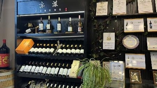 　賀蘭山麓の亦濃ワイナリー敷地内にあるレストラン。国内外の賞を受賞したワインが並ぶ＝９月２１日