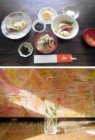 ささやかな元旦の食卓。ほたてのお刺し身はゆずの搾り汁と薄口しょうゆでヅケに。お雑煮にゆでたほうれん草をのせるのを忘れてしまいました