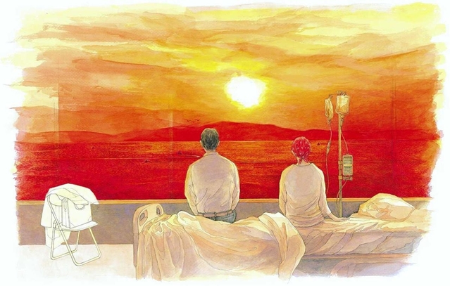 病室から夕暮れを見つめる夫婦。２人の間に少し距離ができている（絵本「いびらのすむ家」より）